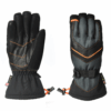 Pair of insulated black and grey winter gloves shown side by side — left glove palm facing forward with black leather palm and orange topstitching, right glove back facing forward with grey fabric back, orange accent stripes, adjustable wrist strap and orange drawcords