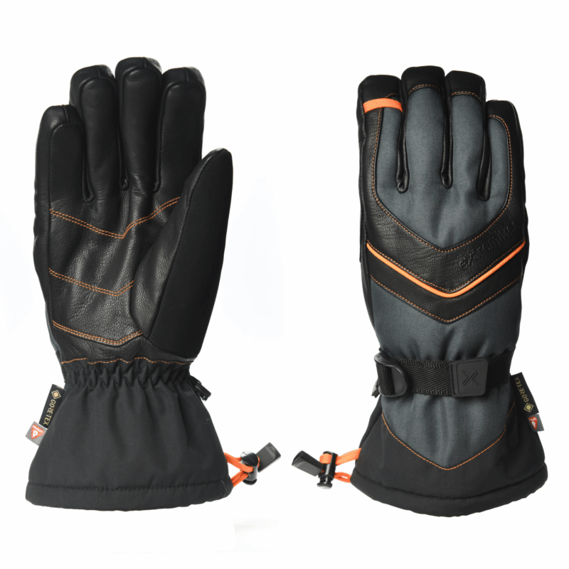 Pair of insulated black and grey winter gloves shown side by side — left glove palm facing forward with black leather palm and orange topstitching, right glove back facing forward with grey fabric back, orange accent stripes, adjustable wrist strap and orange drawcords