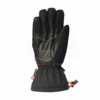 Palm-side view of a single black insulated glove with textured leather palm and orange contrast stitching, reinforced thumb, elasticated gauntlet cuff with an orange drawcord and a Gore-Tex tag