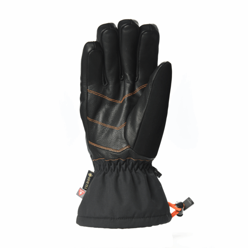 Palm-side view of a single black insulated glove with textured leather palm and orange contrast stitching, reinforced thumb, elasticated gauntlet cuff with an orange drawcord and a Gore-Tex tag