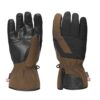 Pair of brown and black winter gloves, left showing smooth black leather palm and fingers, right showing brown-and-black fabric back with angular contrast panels, elasticated gauntlet cuffs and a Velcro wrist strap.