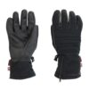 Pair of black insulated winter gloves laid flat, left glove showing a textured leather-like palm and elasticated wrist, right glove showing padded back-of-hand panels, a cuff zipper and small brand tags
