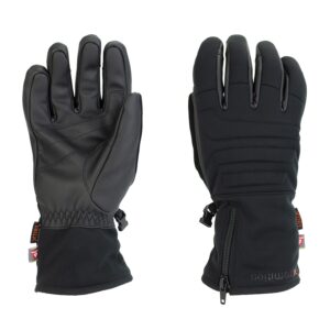 Pair of black insulated winter gloves laid flat, left glove showing a textured leather-like palm and elasticated wrist, right glove showing padded back-of-hand panels, a cuff zipper and small brand tags