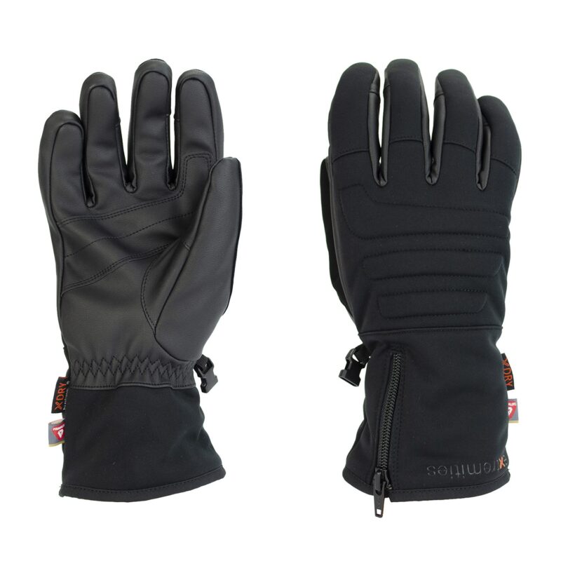 Pair of black insulated winter gloves laid flat, left glove showing a textured leather-like palm and elasticated wrist, right glove showing padded back-of-hand panels, a cuff zipper and small brand tags