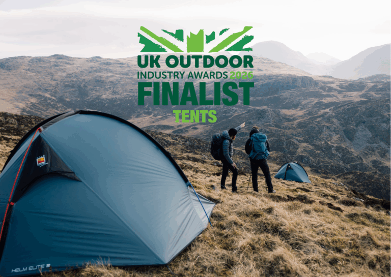 Two hikers setting up tents in a mountainous landscape, showcasing outdoor gear. Image features the UK Outdoor Industry Awards 2024 Finalist logo for tents, emphasizing quality and innovation in camping equipment.