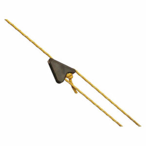 guylines-3.jpg Black triangular cord tensioner threaded by a yellow guyline with a small knot below, shown on a plain white background.