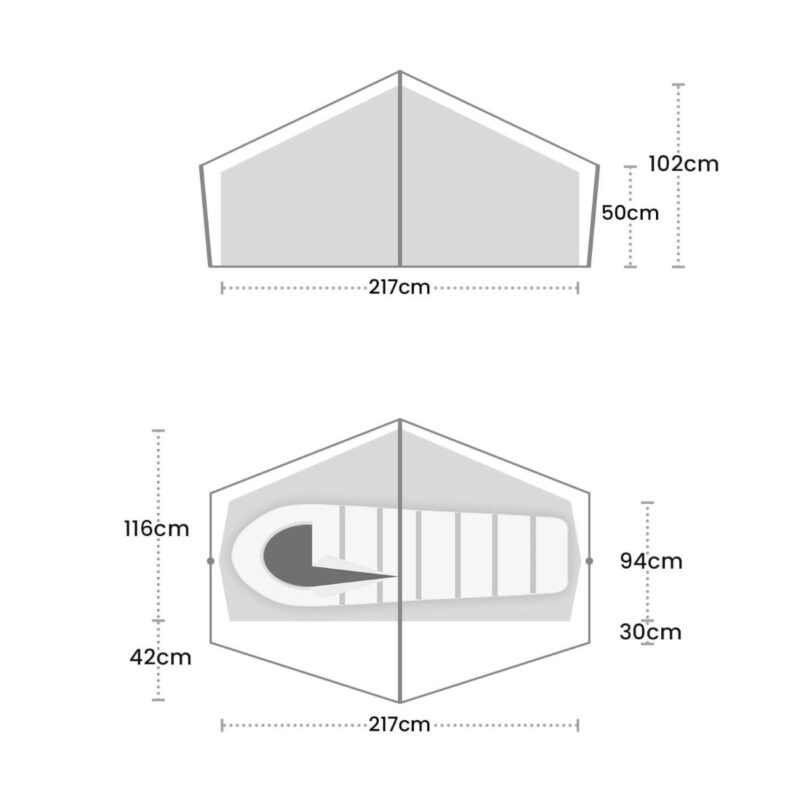 Schematic diagrams of a small tent showing front profile and top-down interior with a sleeping bag, labelled 217 cm floor length, peak heights of 102 cm (front) and 116 cm (interior), and side wall clearances of about 50 cm and 30–42 cm.