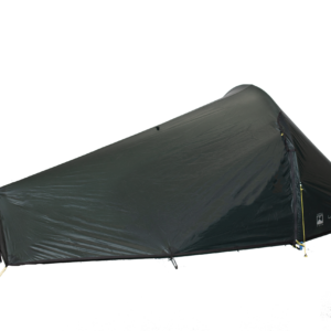 Low-profile single-person dark green/black backpacking tent with a tapered, aerodynamic tunnel shape and a peaked right-side entrance featuring a vertical zip and yellow guy lines, shown against a plain dark background.