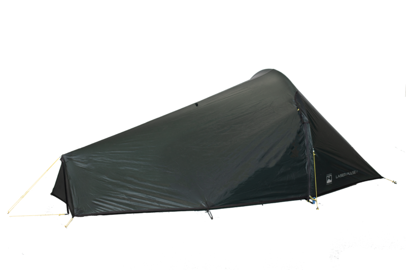 Low-profile single-person dark green/black backpacking tent with a tapered, aerodynamic tunnel shape and a peaked right-side entrance featuring a vertical zip and yellow guy lines, shown against a plain dark background.