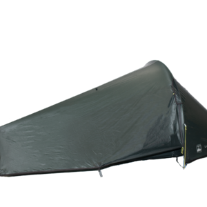 Low-profile dark green single-person bivvy-style tent pitched close to the ground with a tapered aerodynamic shape, zippered entrance at the right, yellow guy lines and a visible 'LASER PULSE' logo near the foot.
