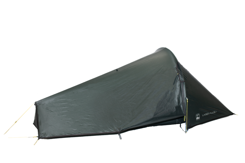 Low-profile dark green single-person bivvy-style tent pitched close to the ground with a tapered aerodynamic shape, zippered entrance at the right, yellow guy lines and a visible 'LASER PULSE' logo near the foot.