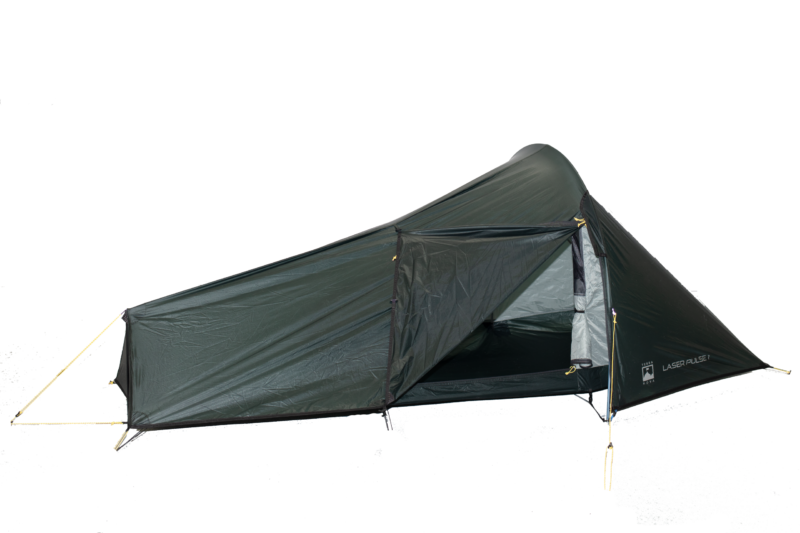 Low-profile dark green single-person tent with a tapered pyramid shape, a partially open front revealing the inner floor and a long low vestibule extending to the left.