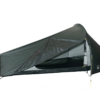Low-profile single-person dark green tunnel tent with a front pole and a partially open triangular door revealing the grey interior and 'Laser Pulse 1' branding.