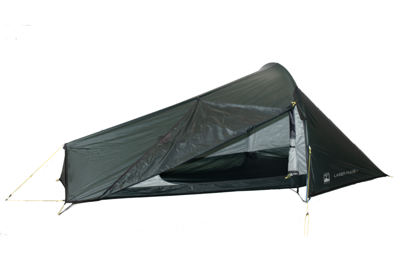 Low-profile single-person dark green tunnel tent with a front pole and a partially open triangular door revealing the grey interior and 'Laser Pulse 1' branding.