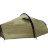 Olive-green two-person tunnel tent shown in side profile with a curved black entrance arch, yellow guyline and pegs, and the label 'NORTE COMPACT 2' near the base.