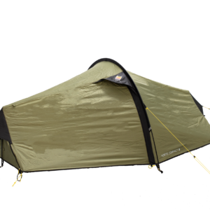 Olive-green two-person tunnel tent shown in side profile with a curved black entrance arch, yellow guyline and pegs, and the label 'NORTE COMPACT 2' near the base.