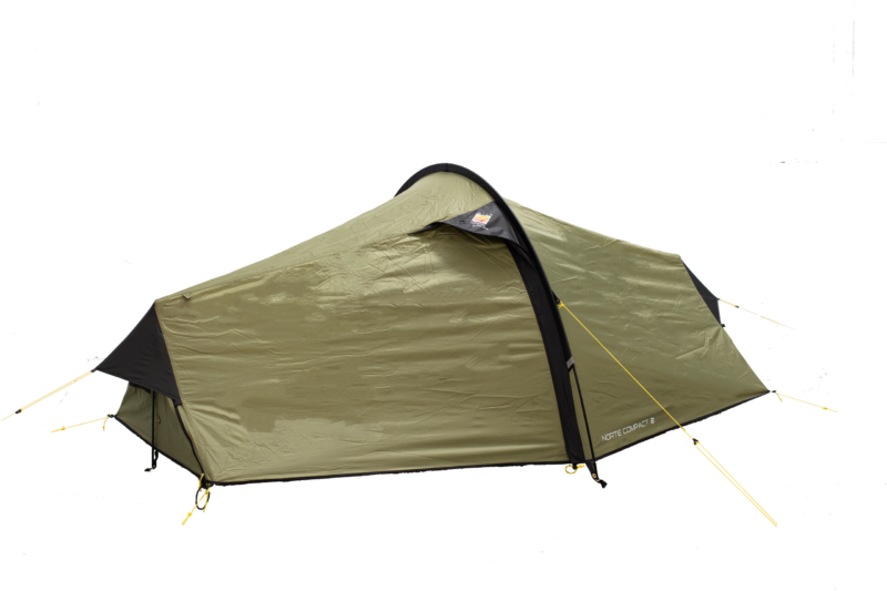 Olive-green two-person tunnel tent shown in side profile with a curved black entrance arch, yellow guyline and pegs, and the label 'NORTE COMPACT 2' near the base.
