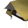 Close-up of the corner of an olive-green and grey backpacking tent with a partially open vestibule revealing a mesh inner door and black bathtub floor, secured with bright yellow guy lines and tensioners.