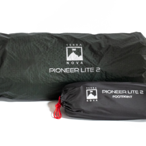 pioneer_lie_footprint__1-3.webp Dark green rolled tent bag labeled Terra Nova Pioneer Lite 2 alongside a smaller black stuff sack marked Pioneer Lite 2 Footprint with a red cord pull.