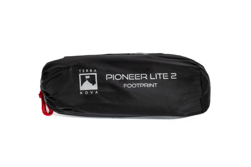 Black cylindrical stuff sack with a red drawstring, labelled Terra Nova Pioneer Lite 2 Footprint, photographed on a white background.