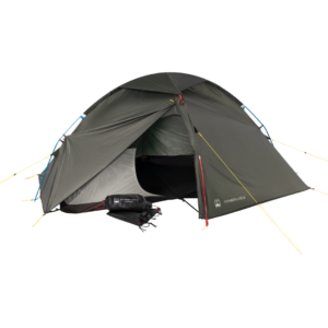 pioneer_lite_with_footprint__1-3.webp Dark olive-green two-person dome tent with rainfly partially open to reveal an inner mesh doorway, supported by blue poles and yellow guy lines and a small packed gear bag labelled Pioneer Lite 2 placed in front on a white background.