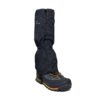 Black waterproof gaiter pulled over a black hiking boot with yellow laces and a yellow-and-red striped rugged sole, elasticated at the ankle and bearing a small 'Extremities' logo.