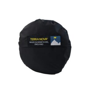 Black round waterproof fabric cover against a white background, featuring a stitched rectangular label reading TERRA NOVA MADE IN DERBYSHIRE, ENGLAND and a small blue-and-yellow mountain logo