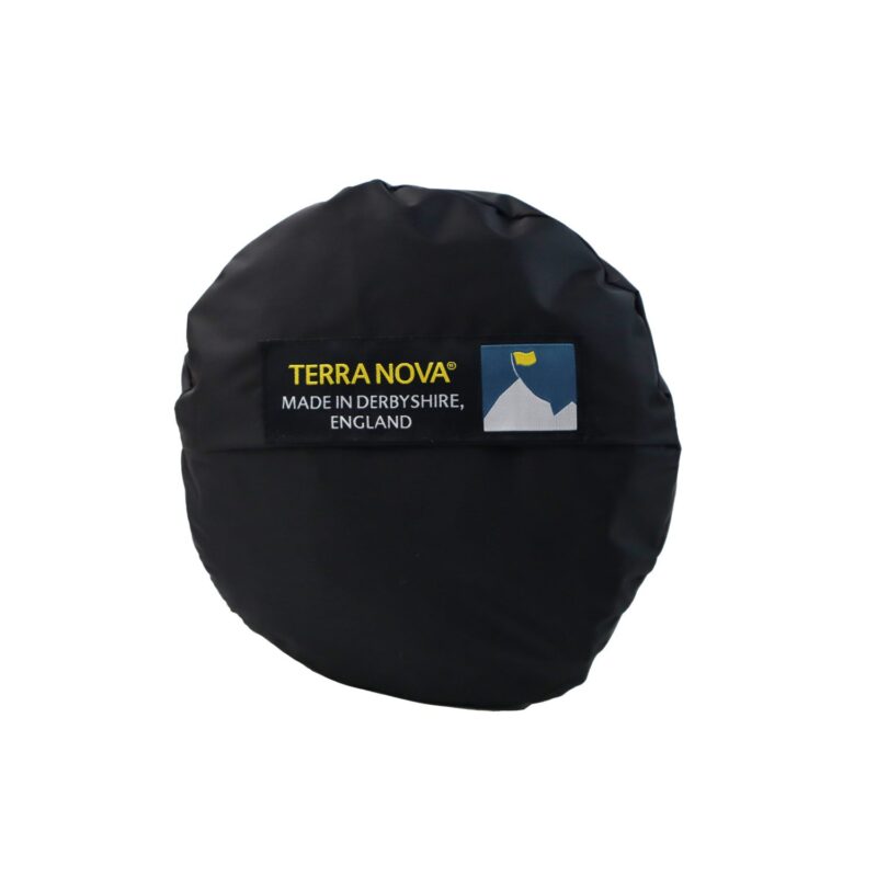 Black round waterproof fabric cover against a white background, featuring a stitched rectangular label reading TERRA NOVA MADE IN DERBYSHIRE, ENGLAND and a small blue-and-yellow mountain logo
