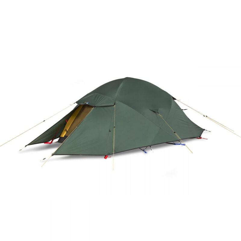 Low-profile dark green two-person dome tent with an open front vestibule revealing a yellow inner tent, secured with yellow guy lines and visible red and blue stake tabs on a white background.
