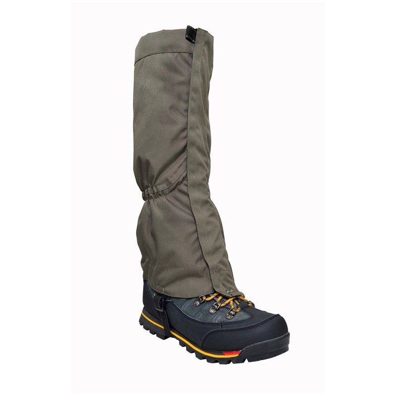 Olive-green leg gaiter fitted over a black and grey hiking boot with yellow laces, elasticised ankle and a thick treaded sole.