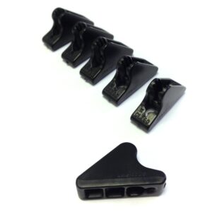 zoom_Guyline_Cam_Cleats_x_6_-_Standard-3.jpg Six black plastic rope cleats on a white background: five cam-style cleats arranged diagonally in a row and one triangular base piece with three rectangular cable slots.