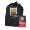 Black drawstring storage bag with a yellow-and-red square Wild Country by Terra Nova logo printed on the front and an attached black-and-red product tag reading "Wild about the outdoors".