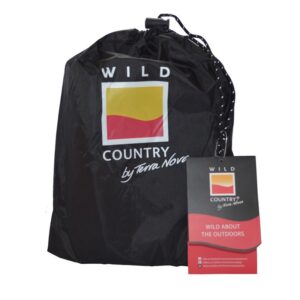 Black drawstring storage bag with a yellow-and-red square Wild Country by Terra Nova logo printed on the front and an attached black-and-red product tag reading "Wild about the outdoors".