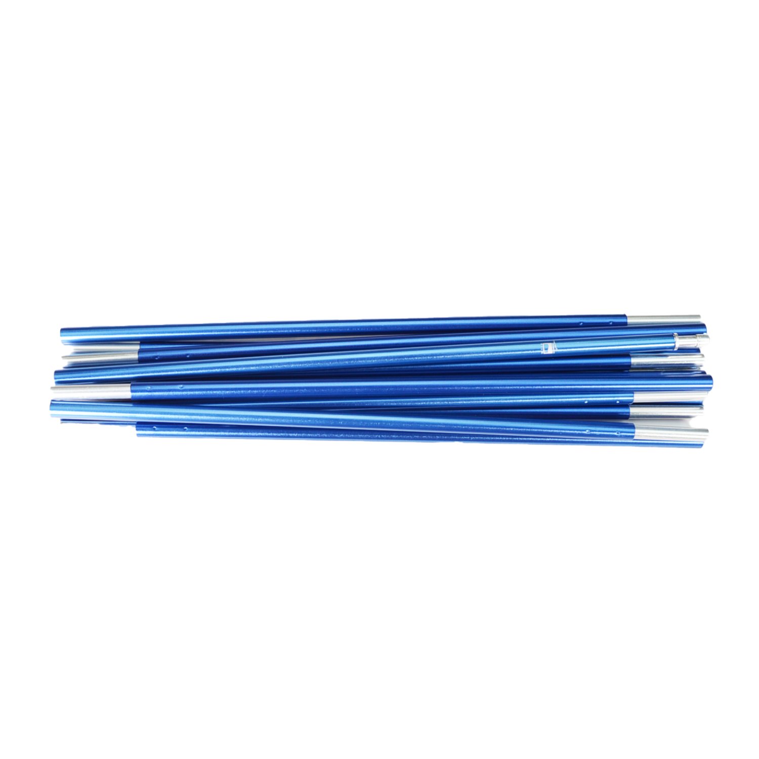 Several blue anodised aluminium tent pole segments with silver connector ends stacked horizontally on a white background.
