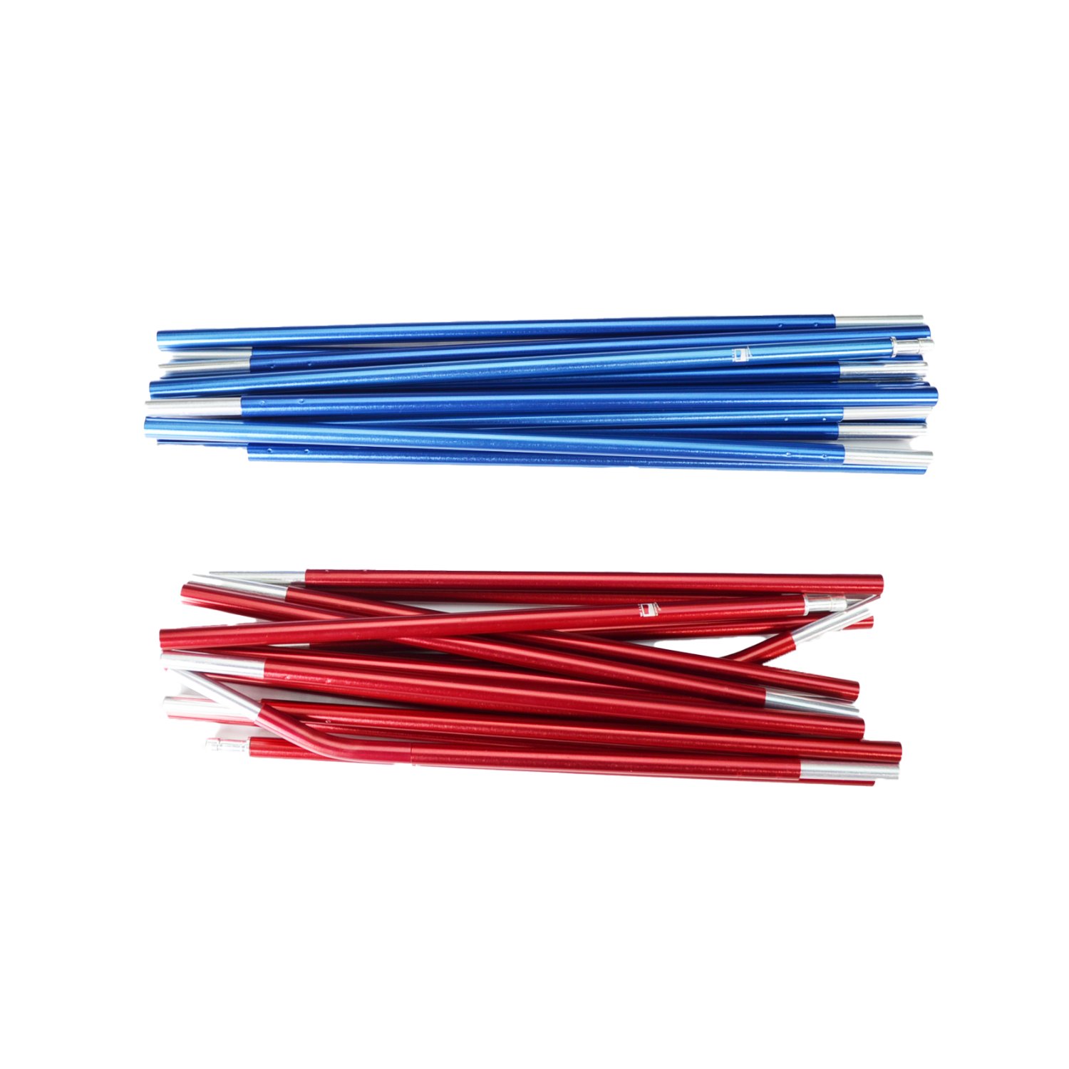 Two horizontal stacks of metallic pole sections—one blue and one red—with silver connector ends, laid against a white background.
