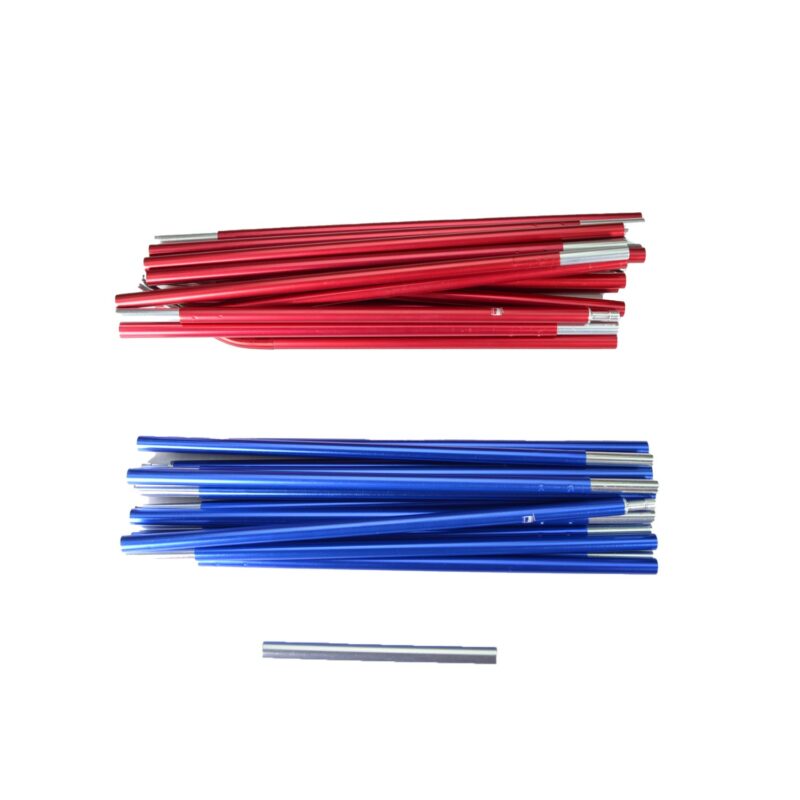 Bundles of segmented aluminium tent-pole sections — a red bundle at the top, a blue bundle in the middle and a single silver segment below, shown on a white background.
