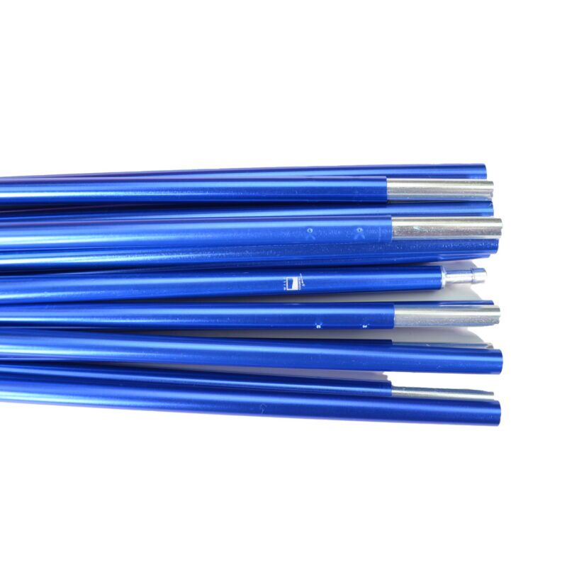 Several metallic blue tubular rods with silver connector ends stacked horizontally against a white background.