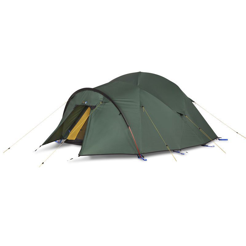Dark green tunnel-style camping tent with an arched black pole and partially open front revealing a yellow inner, staked down with yellow guy lines and blue pegs on a white background.