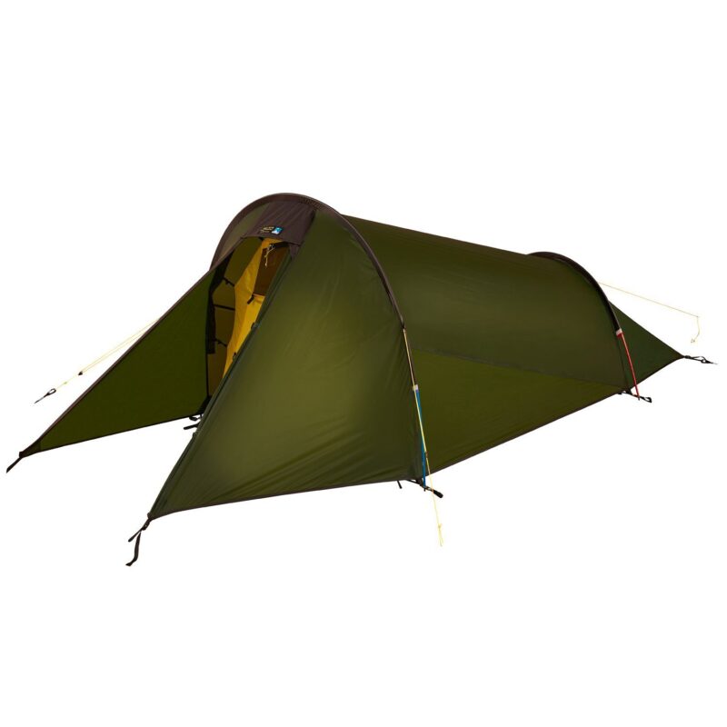 Olive-green tunnel-style backpacking tent with a taut fly and extended vestibule, a curved arch pole, a partly open front revealing a bright yellow inner tent, and visible guy lines and pegged corners.