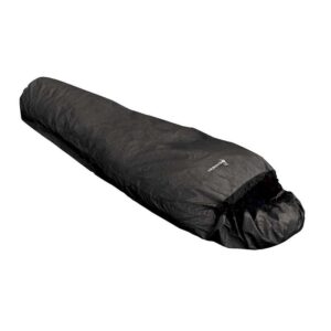 Black mummy-style sleeping bag with crinkled nylon shell and a drawstring hood, shown on a white background.