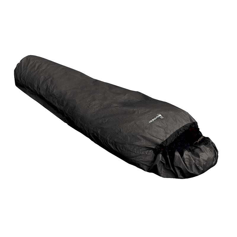 Black mummy-style sleeping bag with crinkled nylon shell and a drawstring hood, shown on a white background.