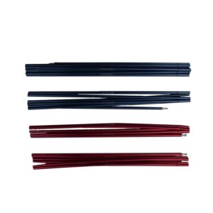Four bundles of collapsed aluminium tent-pole sections—two navy blue bundles at the top and two red bundles below—laid horizontally on a white background with visible metal ferrule ends.