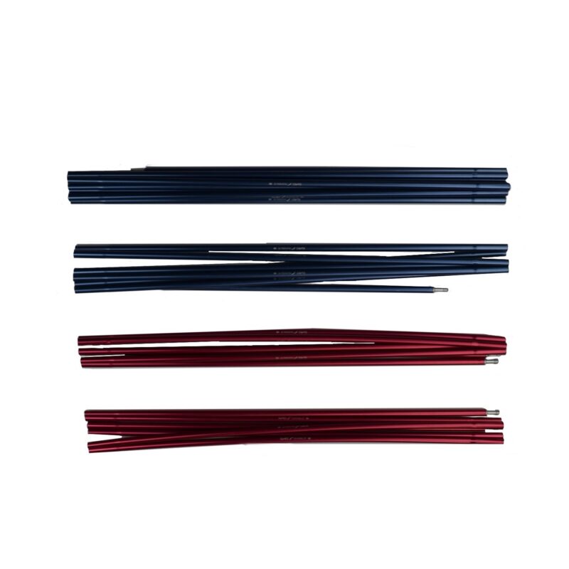 Four bundles of collapsed aluminium tent-pole sections—two navy blue bundles at the top and two red bundles below—laid horizontally on a white background with visible metal ferrule ends.
