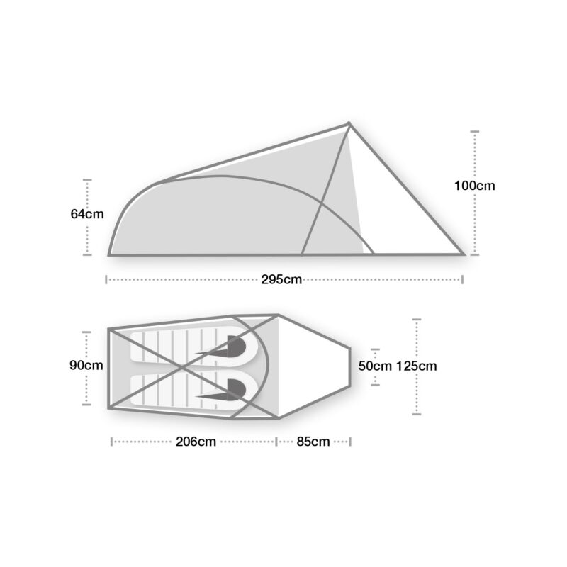 Side and plan diagrams of a two-person tunnel tent with measurements: overall length 295 cm, sleeping area 206 cm and porch 85 cm, interior width 90 cm, rear height 64 cm and peak height 100 cm, and vestibule depths marked 50 cm and 125 cm.