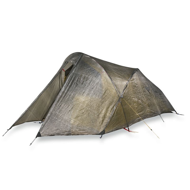 Low-profile two-person ultralight backpacking tent in silvery-grey laminated fabric with a tunnel shape, pegged corners, guy lines and a partially open vestibule door.