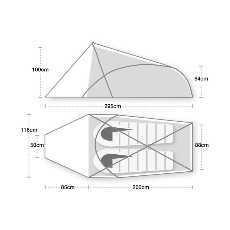 Two-view schematic of a two-person tent showing side and top plans with two sleeping mats: overall length 295cm (85cm vestibule + 206cm sleeping area), peak height 100cm and front height 64cm, internal width 88cm, external width 116cm and a 50cm vestibule depth.
