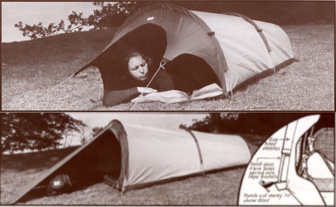 A person relaxing inside a vintage-style tent on a grassy area, showcasing a unique camping setup. The image highlights the design and functionality of the tent, emphasizing outdoor adventure and camping culture.