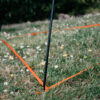 Black stake with orange marking tape on grass, indicating a defined area for landscaping or construction. Wildflowers are scattered throughout the grassy field, adding a natural touch to the scene.