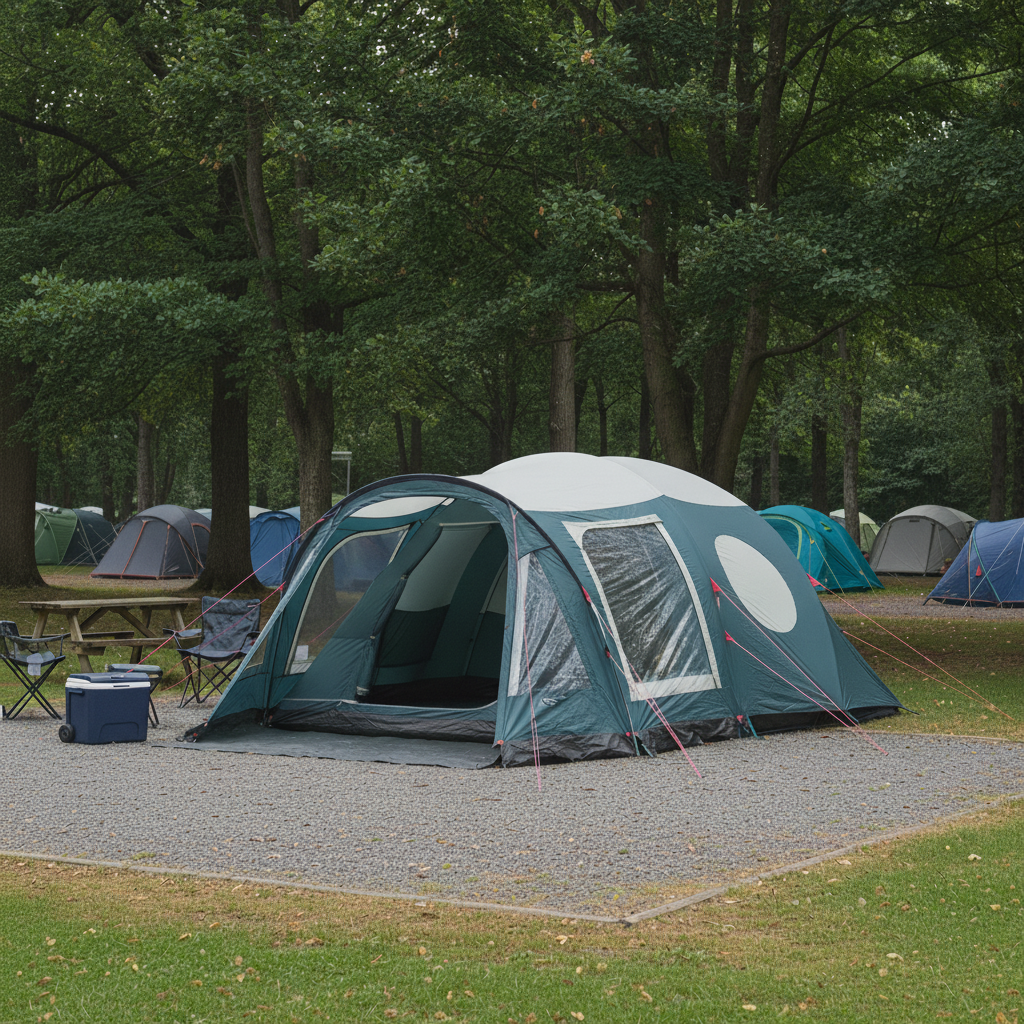 Tent set up at a campsite surrounded by trees, with additional tents in the background, showcasing a peaceful outdoor environment for camping enthusiasts.