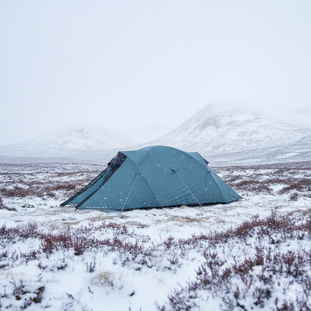 A blue tent set against a snowy landscape with mountains in the background, showcasing a winter camping scene in a remote area.